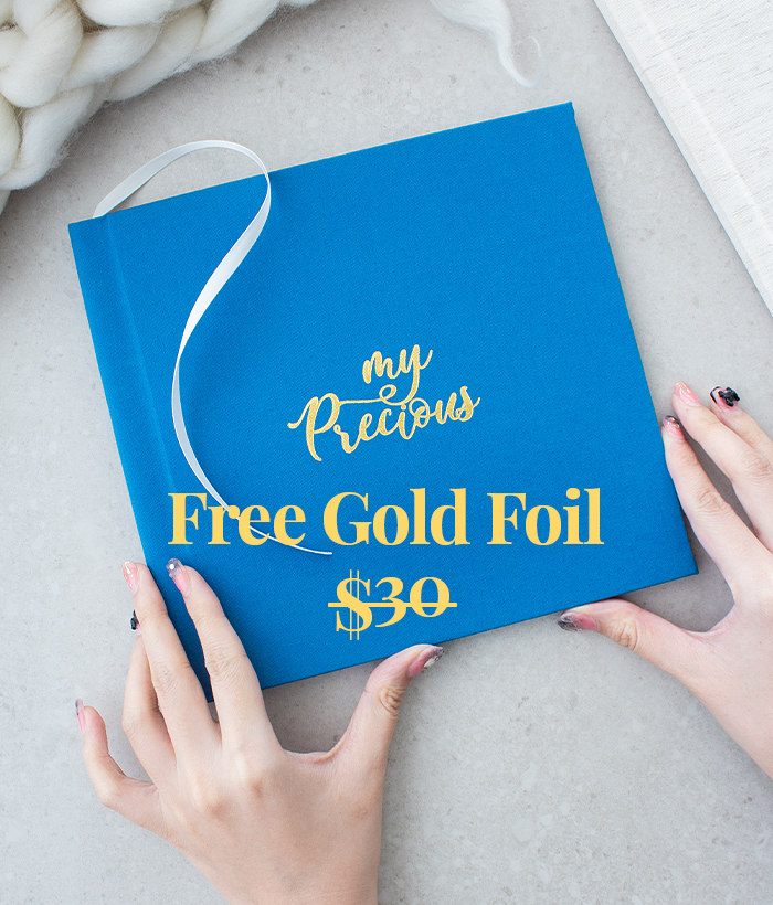photo book with 50% off and free gold foil lettering on book cover