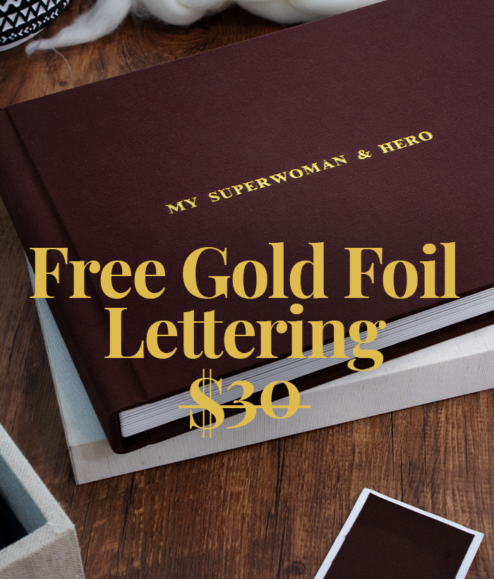photo book with 50% off and free gold foil lettering on book cover